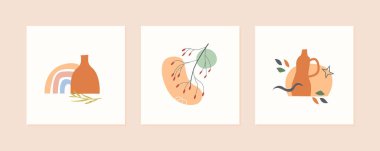 Sonbahar havası soyut tebrik kartı vazolar, gökkuşağı, bitkiler, yapraklar, böğürtlenler ve geometrik şekilli. Modaya uygun bir poster. Sonbahar dönemi doğa, asgari duvar sanatı. Vektör illüstrasyon düz freehand biçimi.