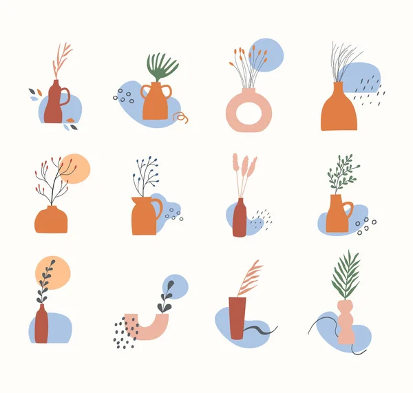 Sada hliněných váz se suchými rostlinami v květináčích, listy, větvemi a abstraktními geometrickými tvary. Trendy boho design element. Podzimní sezóna příroda minimální stěny umělecké šablony. Vektorová ilustrace v plochém stylu. — Stockový vektor