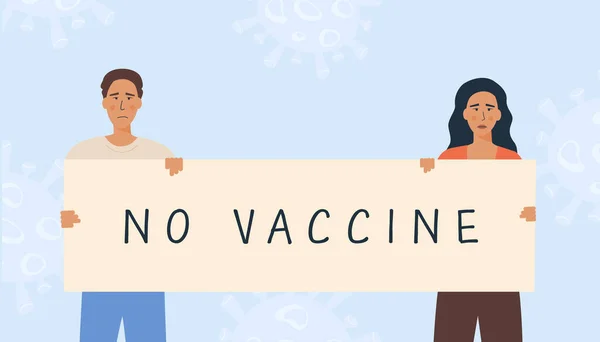 Lidé držící plakát bez popisku vakcíny. Protest proti očkování. Aktivisté odmítají preventivní medicínu. Covid-19 Odmítnutí vakcíny. Vektorová ilustrace v plochém stylu. — Stockový vektor