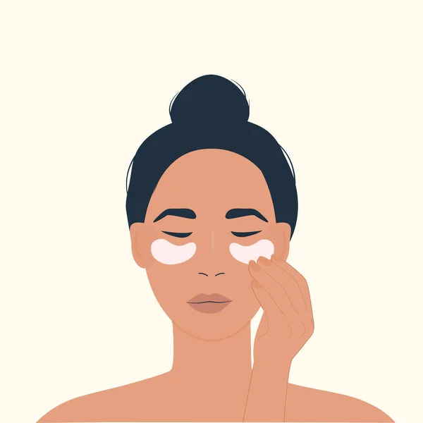 Uma personagem feminina usando manchas nos olhos. Rotina de cuidados com a pele. Produtos de beleza facial para anti-envelhecimento. As mulheres cuidam da cara. Ilustração vetorial colorida isolada sobre fundo branco. —  Vetores de Stock