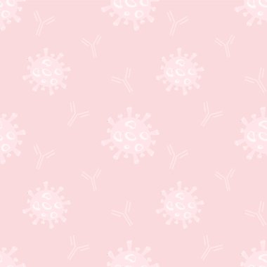 Covid antikor test işaretli kusursuz desen. Virüs antikor tıbbi sembolü. Soluk renklerde tekrarlanan arkaplan. Düz biçimli vektör illüstrasyonu.