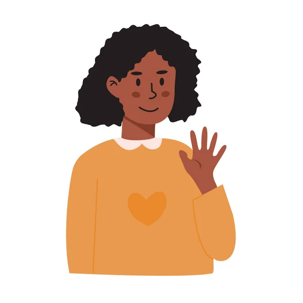 Little girl with black skin waving her hand. Smiling african kid in greeting gesture saying hi or bye. Portrait of child from kindergarten or elementary school. Isolated flat vector illustration. — Wektor stockowy