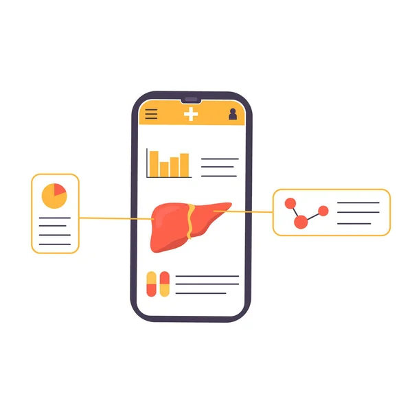 Concepto de aplicación móvil que explica el órgano humano del hígado. Examen de revisión hepática en línea. Aplicación médica móvil. Consultor médico en el teléfono móvil. Estudiar el hígado en internet. Ilustración vectorial. — Vector de stock