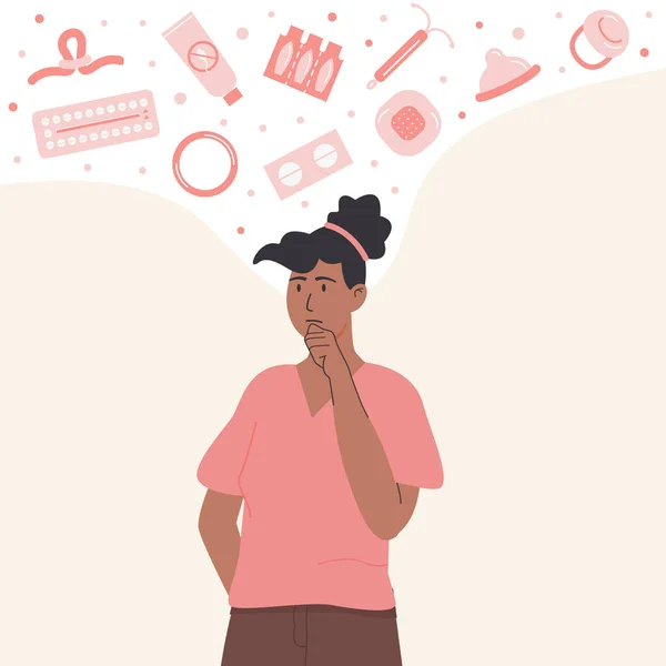 避妊法を選択しているアフリカの女性 避妊薬について考える思考暗い肌の女性の人 安全なセックスと避妊の概念 ベクトル平図 — ストックベクタ