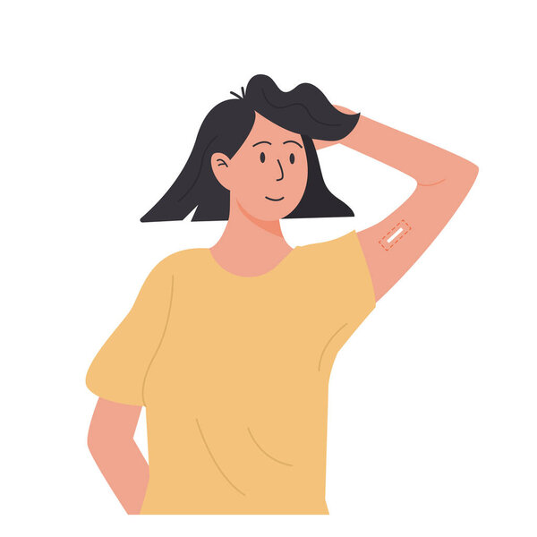 Метод контрацепции. Векторный плоский женский символ с контрацептивным имплантатом, вставленным в руку. Контроль рождаемости для женщин и профилактика беременности. Иллюстрация.