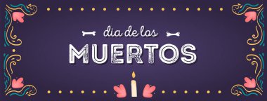 Dia de los muertos geçmişi. Mum adağı ve çiçekli süslemeli yatay afiş. Ölümün Meksika ulusal bayram günü. Düz biçimde çizilmiş vektör el çizimi.