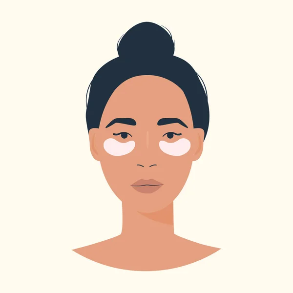 Жіночий персонаж використовує патчі для очей. Процедура догляду за шкірою. Продукти краси для обличчя для боротьби зі старінням. Жінки піклуються про обличчя. Кольорові векторні ілюстрації ізольовані на білому тлі . — стоковий вектор