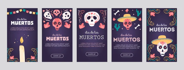 Conjunto de pôsteres de mídia social ou cartões verticais com crânios de açúcar. Feriado nacional mexicano Dia dos mortos. Modelos festivos para Dia de los muertos decorados com Calavera Catrina. Ilustração vetorial — Vetor de Stock