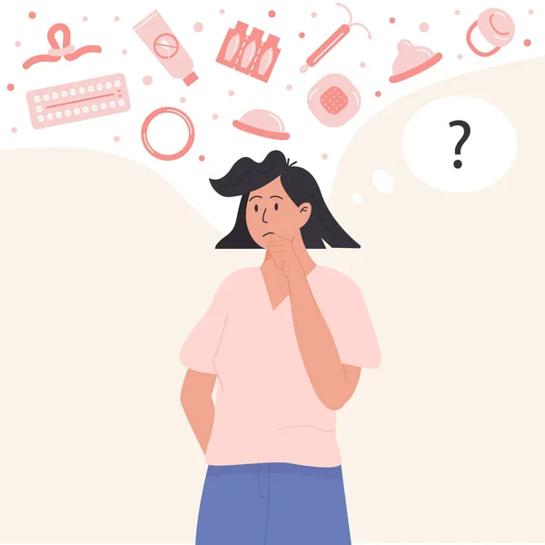 Femme pensive choisissant la méthode de contraception. Une femme réfléchie qui pense aux contraceptifs. Concept de rapports sexuels protégés et de contraception. Illustration vectorielle plate. — Image vectorielle