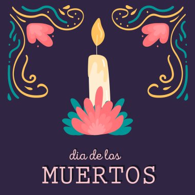 Dia de los muertos. Sunak mumlu kare kart. Tasarım elementleri, renkli çiçek süsü ya da çerçeve ile süslenmiş pankart. Ölümün Meksika ulusal bayram günü. Vektör el çizimi resimleme.