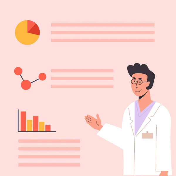 Lékařský vědec s diagramy a molekulou. Mužský terapeut v šatech dává diagnózu. Doktor v bílých pláštích vysvětluje a dává rady. Vektorová ilustrace. — Stockový vektor