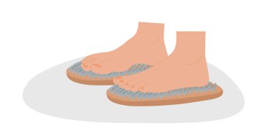 Sadhu yönetim kurulu. Çivi Yatağı. Yoga egzersizi. Ateş Meditasyon Kurulları. Yoga masası. Çivilerin üzerinde duran bir ayak. Ruhani uygulama. Düz biçimli vektör illüstrasyonu.