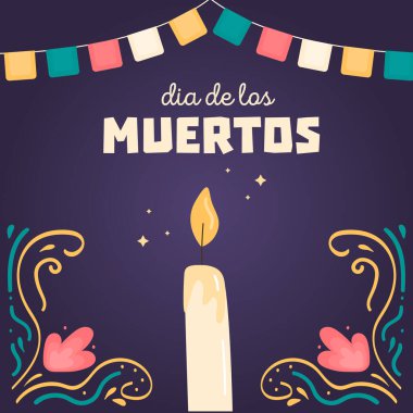 Dia de los muertos. Sunak mumlu kare kart. Tasarım elementleri, renkli çiçek süsü ve bayrak çelengi ile süslenmiş pankart. Ölümün Meksika ulusal bayram günü. Vektör illüstrasyonu.