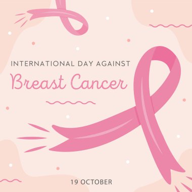 International Day Against Breast Cancer card. Vector square banner template for mammary cancer solidarity campaign with pink cartoon ribbons. Illustration in flat style. clipart