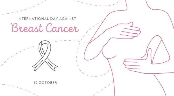 Mezinárodní den proti rakovině prsu. Čára umění žena a obrys povědomí stuha na pozadí. Vektorový horizontální web banner s ženským obrysem silueta na bílém pozadí. — Stockový vektor