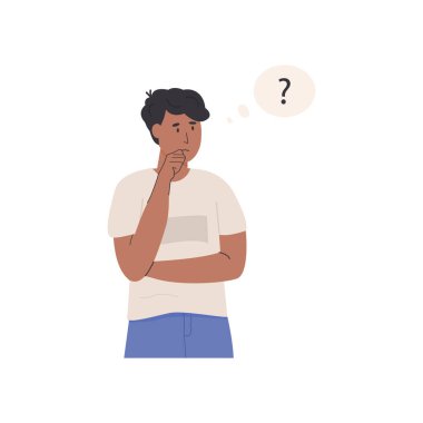 Afrikalı siyah tenli düşünme karakteri. Soru işareti olan düşünceli bir kişinin portresi. Genç adam problem çözüyor, karar veriyor. Düz biçim vektör illüstrasyonu.