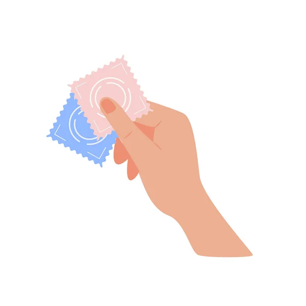 Pessoa segurando em mão par de preservativos diferentes. Conceito de métodos de contracepção e contracepção. Preservativo para sexo seguro. Ilustração em estilo plano vetorial no fundo. —  Vetores de Stock