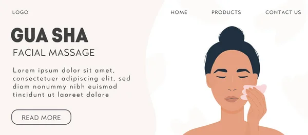 Web banner πρότυπο για gua sha μασάζ προσώπου. Γυναίκα κάνει μασάζ και ξύνει το δέρμα της. Φυσικό ροζ τριαντάφυλλο χαλαζία ξύστρα πέτρα. Ανόρθωση προσώπου μοντέρνα θεραπεία ομορφιάς. Εικονογράφηση διάνυσμα σε επίπεδο στυλ. — Διανυσματικό Αρχείο