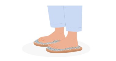 Sadhu yönetim kurulu. Çivi Yatağı. Yoga egzersizi. Ateş Meditasyon Kurulları. Yoga masası. Çivilerin üzerinde duran bir ayak. Ruhani uygulama. Düz biçimli vektör illüstrasyonu.