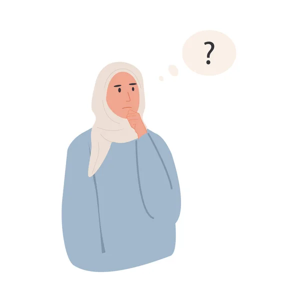 Σύγχρονος μουσουλμάνος Άραβας σκέφτεται γυναικείο χαρακτήρα. Πορτρέτο στοχαστικού προσώπου με ερωτηματικό. Νεαρή γυναίκα επιλύει το πρόβλημα, παίρνει αποφάσεις. Εικόνα διανύσματος επίπεδου στυλ. — Διανυσματικό Αρχείο