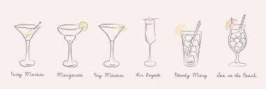 Altı klasik kokteyl seti retro doodle stiliyle çizilmiş. Martini, margarita, Kir Royale, Bloody Mary ve plajda seks. Asgari el yapımı bar içkisi illüstrasyonu. Vektör illüstrasyonu