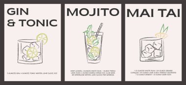Mojito, cin tonik ve içerikli Mai Tai kokteyli. Garnitürlü yaz aperatifleri buzlu. Mutfak duvarı sanatı ya da klasik bar dekoru için minimal retro tarif posterleri. Vektör illüstrasyonu