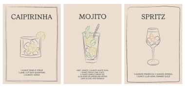 Elle çizilmiş Caipirinha, Mojito ve Spritz içeceklerinin çizilmiş retrokokteyl tarifi. Minimum tasarım. Bar menüsü, mutfak baskısı ya da parti dekorasyonu için klasik mixoloji rehberi. Vektör