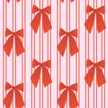 Retro yay çizgisi, pürüzsüz kare desen. Coquette Valentine ve hediye paketi, kırtasiye, ambalaj, kız dekorasyonu projeleri için düğün kurdelesi. Dikey çizgileri ve oyuncu yayları olan vektör illüstrasyonuName