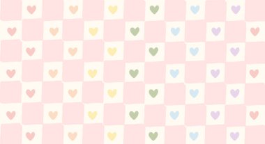 Pastel gökkuşağı kalpleri pembe gingham desenli. Renkli kalp simgelerine sahip elle çizilmiş dama tahtası. Gurur için sevimli estetik tasarım, çocuk odası dekorasyonu, kırtasiye malzemesi. Vektör illüstrasyonu