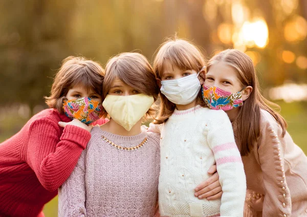 Portrait Happy Friends Children Smiling Wearing Protective Face Masker — Stok Foto