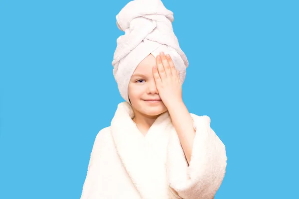 Spa Girl Beautiful Blue Eyed Child Girl White Robe Towel — Stock Photo, Image