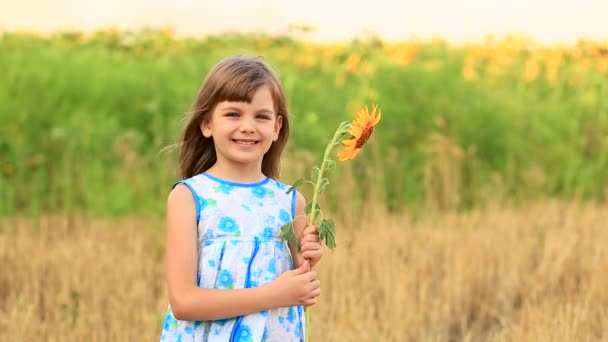 Sahadaki küçük kızın mutlu portresi ayçiçeğiyle gizleniyor. — Stok video