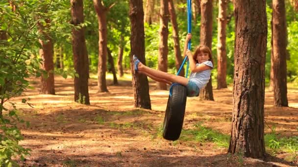 Menina pré-escolar bonito balançando no balanço pneu no parque de verão — Vídeo de Stock
