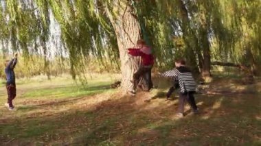 Bir grup arkadaş canlısı aktif çocuk yaz parkında salıncakta sallanıyor, tatilde dışarıda birlikte oynuyorlar.