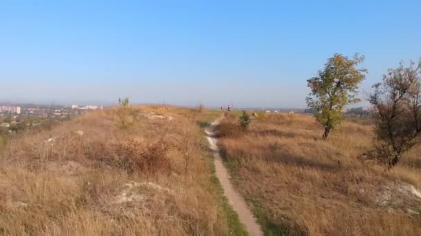 Veduta aerea drone di snella giovane madre fare esercizi di yoga con figlia bambino in alta collina sul lago al mattino, lontano dal trambusto della città, dare il buon esempio e instillare nelle sue abitudini sane — Video Stock