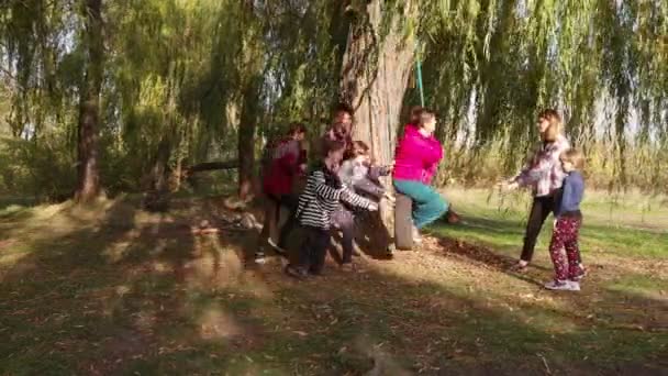 一群友善活跃的人带着孩子和奶奶在夏季公园里荡秋千，在户外度假玩耍 — 图库视频影像
