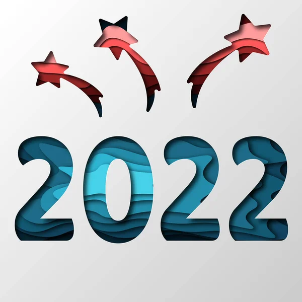 Bannière du Nouvel An 2022 en style de coupe de papier. Nombres et feux d'artifice avec des couleurs vives abstraites formes ondulées sur fond blanc. Modèle de couverture minimaliste pour flyers de Noël, brochures, carte de vœux — Image vectorielle