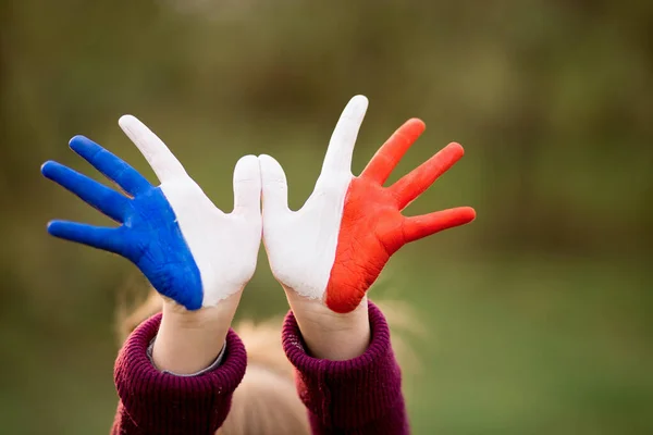 Concept Liberté France. Enfant mignon formant un geste d'oiseau volant avec peint en France couleurs mains au coucher du soleil fond. — Photo
