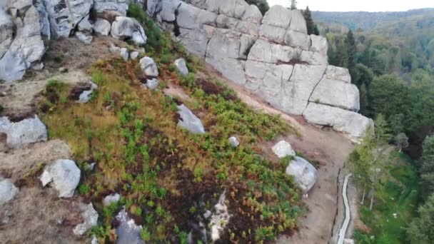 유명 한 터 스턴 요새의 바위 근처를 날고 있는 공중 무인기 영상입니다. 우크라이나 중세 시대의 절벽 이 국립 공원에 세워졌다. 카르파티아 산맥의 인기있는 관광 명소는 튀 스탄의 바위 단지 이 다. — 비디오