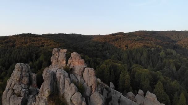 Flygdrönare som flyger nära klippor av berömda Tustan fästning. Ukrainska medeltida Cliff-side monument i nationalparken. Rock komplex i Tustan är populärt turistmål i Karpaterna berg. — Stockvideo