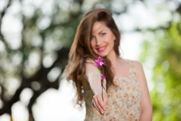 Hermosa joven entre flores amarillas — Foto de Stock