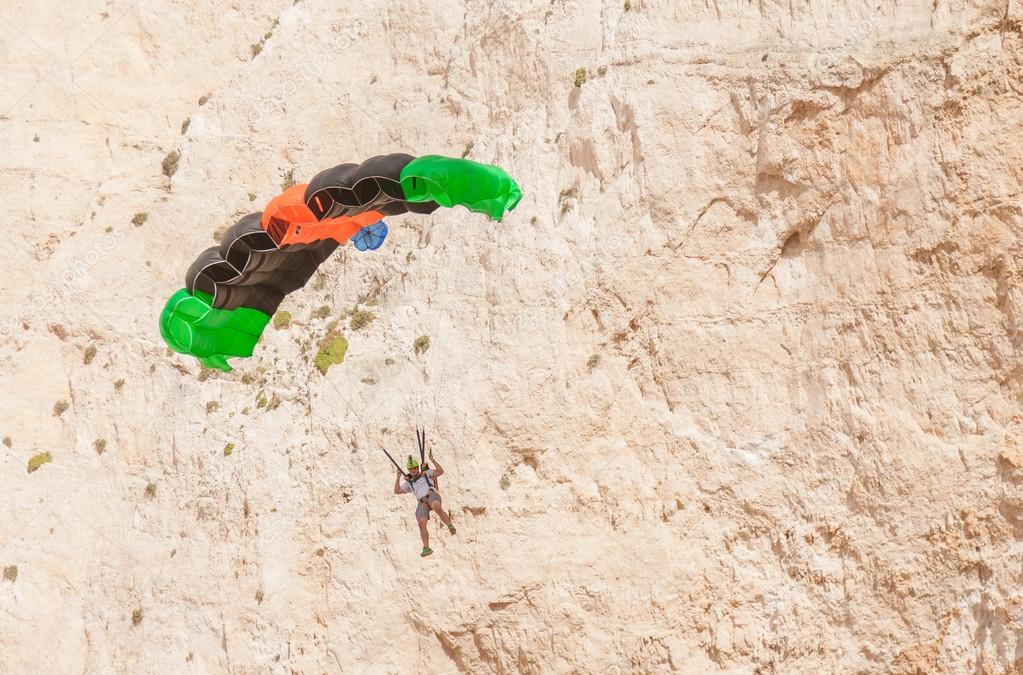 Base jump in shipwreck beach of Zakynthos island Stock Editorial