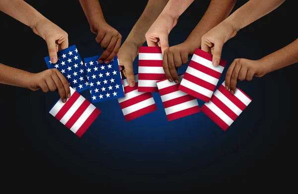 アメリカ国民の投票と多様性の概念と多様な手は 3Dイラスト要素を持つ民主主義における米国の民主的権利として投票所で米国の投票をキャスト — ストック写真