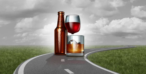 アルコール飲料をビールワインとして ウイスキーを3Dイラストとして道路として影響を受けて高速道路で飲酒運転や飲酒運転 — ストック写真