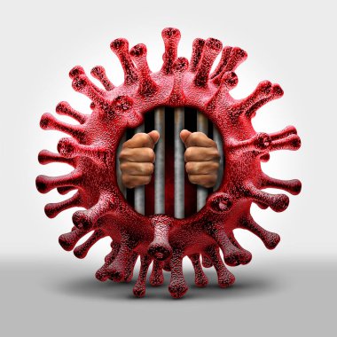 Virus prison lockdown and coronavirus or covid-19 health risk disease and flu outbreak or influenza as a dangerous viral strain case as a pandemic medical concept with dangerous cells as a 3D render. clipart