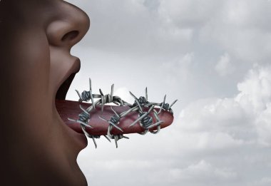 Suppression concept and freedom of speech or censorship in expression of ideas symbol as a human tongue wrapped in old barbed wire as a metaphor to restrain communication in a 3D illustration style. clipart
