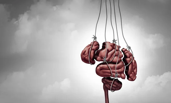 Manipulation psychology and mind control or brainwashing the human brain and dark psychological technology as puppet strings manipulating thinking with 3D render elements.