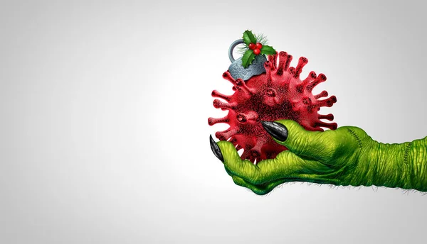 바이러스 공휴일과 크리스마스 개념은 렌더링으로 전염병이 발생하는 전염성이 세포로 장식으로 — 스톡 사진