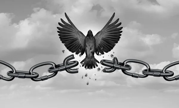 Freedom metaphor as a symbol of liberty and as a concept of chains breaking as bird wings breaking free with 3D illustration elements.