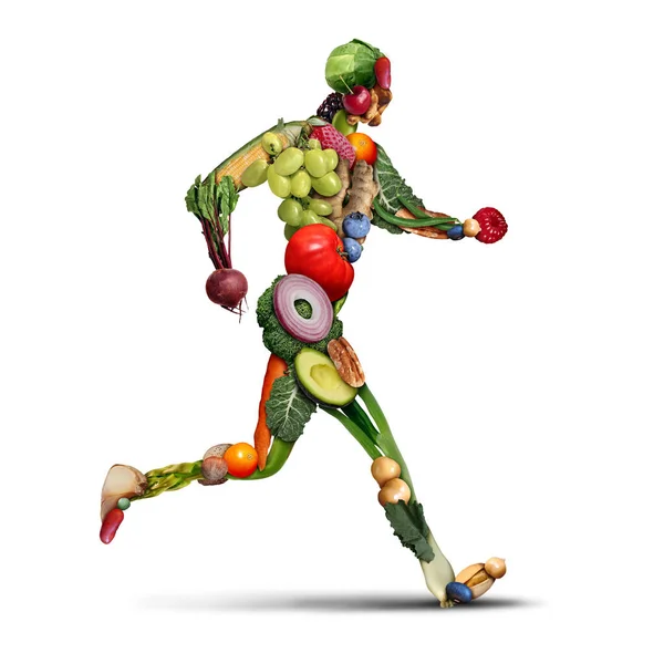 Diet and fitness as a healthy lifestyle of exercise and eating fruits and vegetables to lose weight as a person running or jogging made of fresh produce.